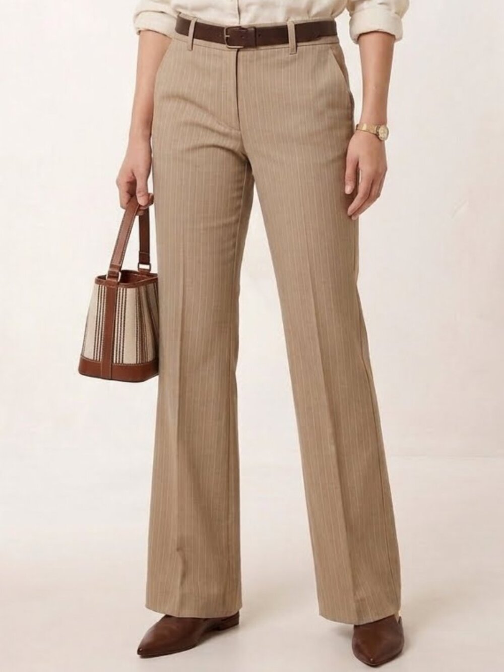 VTG Banana Repubic Engineer Pinstripe Flared Wide Leg Beige Cotton Pants - 6